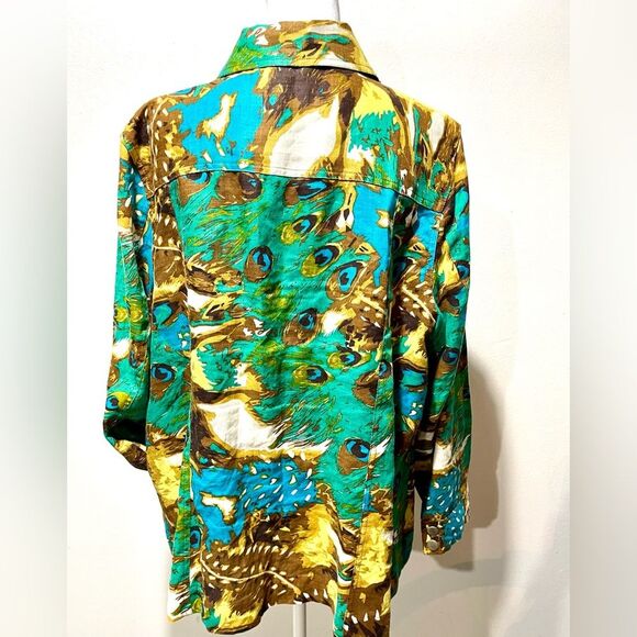 Richard Malcolm linen jacket utility pockets colorful peacock   resort Womens 1X - Picture 6 of 8